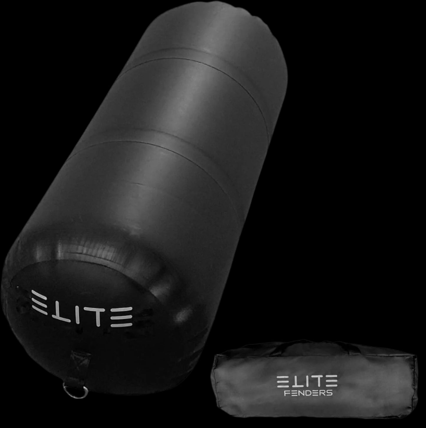 A black cylindrical inflatable boat fender with the brand name 'ELITE' written on it, alongside a storage bag.