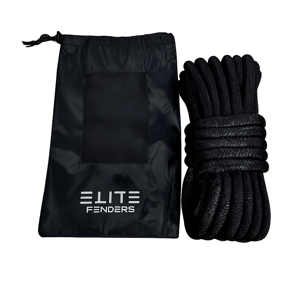Black rope with Elite Fenders drawstring bag on a white background
