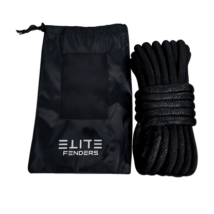 Black rope with Elite Fenders drawstring bag on a white background