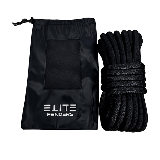 Black rope with Elite Fenders drawstring bag on a white background