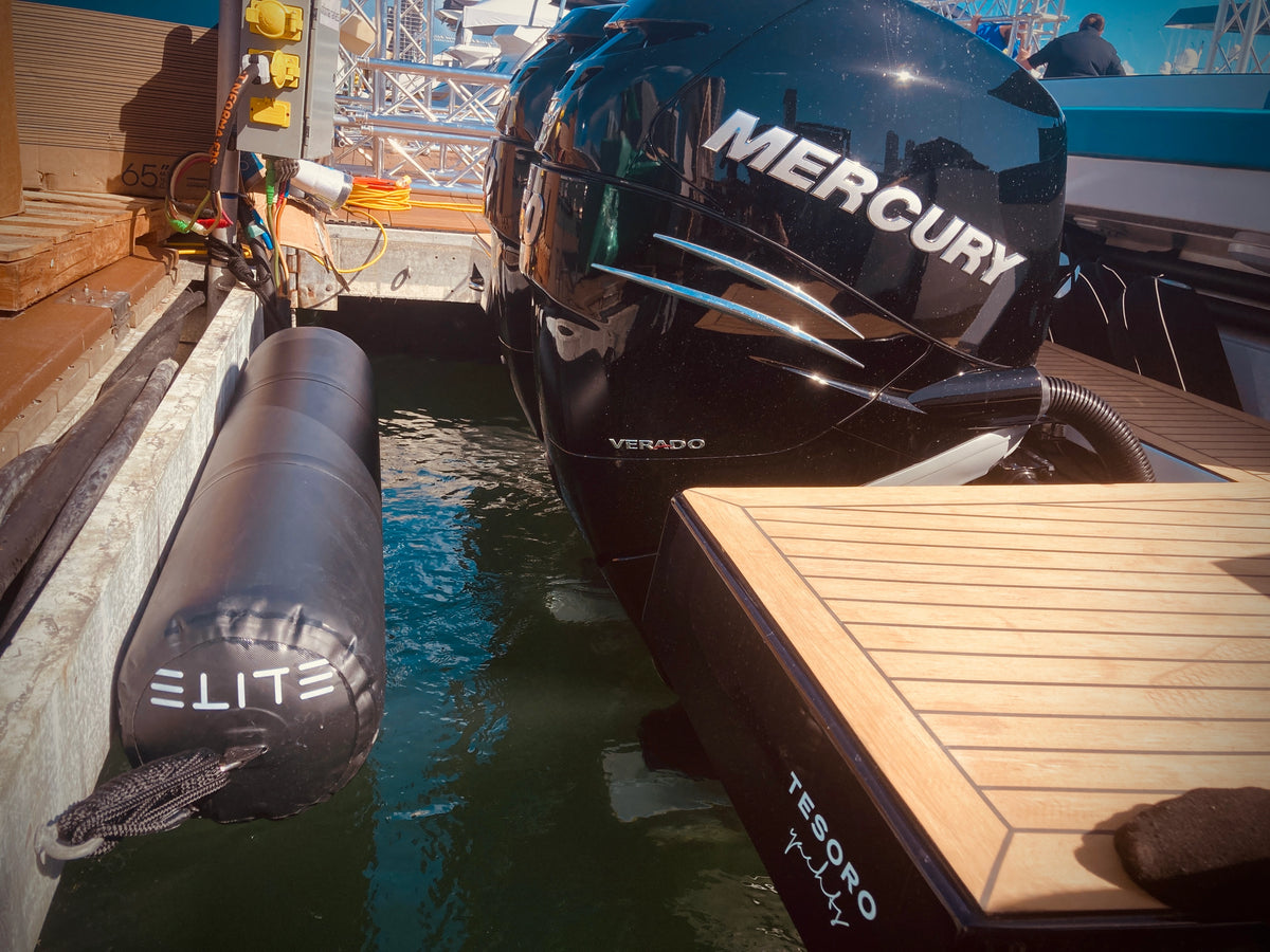 An ELITE Doorman protecting the stern of a boat with a Mercury outboard.