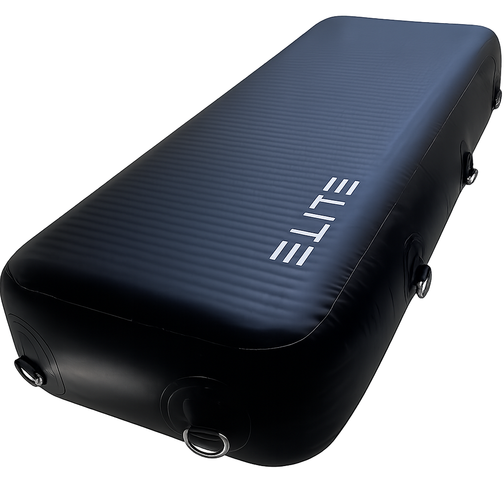 A navy blue flat boat fender with the brand 'ELITE' visible on the top, designed for docking and rafting.