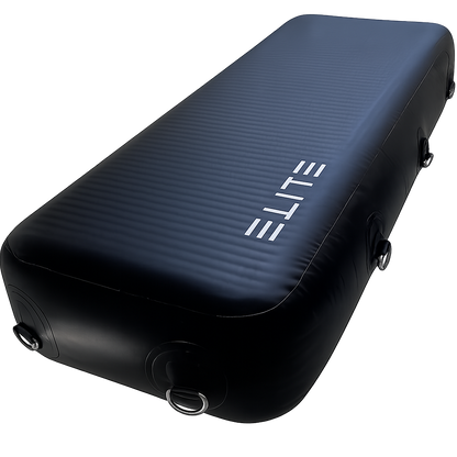 A navy blue flat boat fender with the brand 'ELITE' visible on the top, designed for docking and rafting.