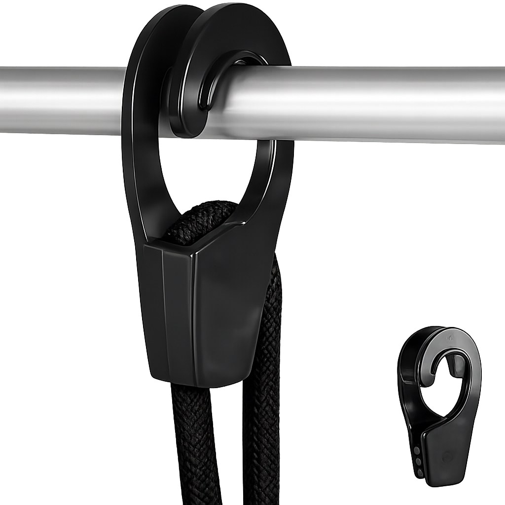 Two black fender hangers with adjustable straps and metal clasps, designed to attach to boat fenders and rails.