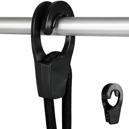 Two black fender hangers with adjustable straps and metal clasps, designed to attach to boat fenders and rails.