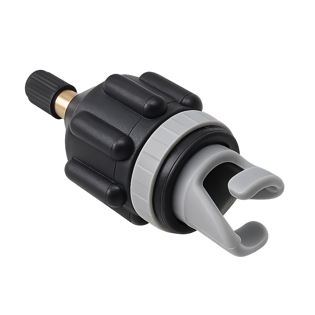 A black and gray Schrader to HR valve adapter with a solid copper construction designed for connecting air pumps to inflatable valves.