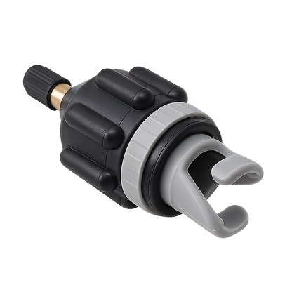 A black and gray Schrader to HR valve adapter with a solid copper construction designed for connecting air pumps to inflatable valves.