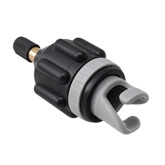 A black and gray Schrader to HR valve adapter with a solid copper construction designed for connecting air pumps to inflatable valves.