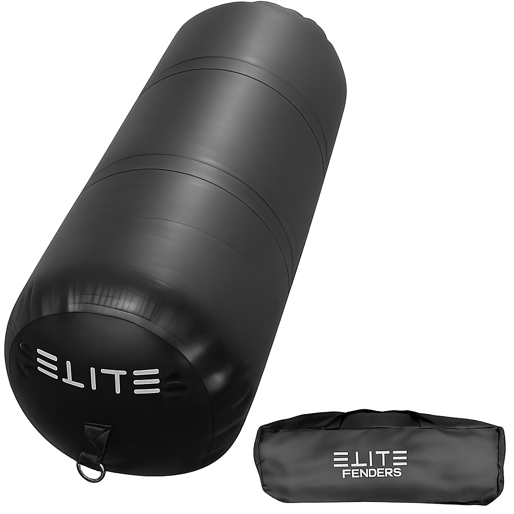 A black cylindrical inflatable boat fender with the brand name 'ELITE' written on it, alongside a storage bag.