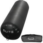 A black cylindrical inflatable boat fender with the brand name 'ELITE' written on it, alongside a storage bag.