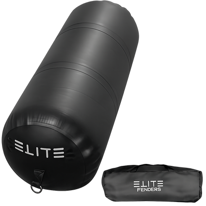 A black cylindrical inflatable boat fender with the brand name 'ELITE' written on it, alongside a storage bag.