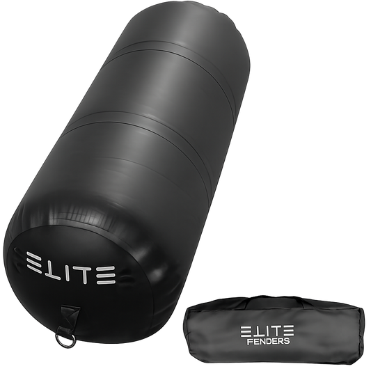 A black cylindrical inflatable boat fender with the brand name 'ELITE' written on it, alongside a storage bag.