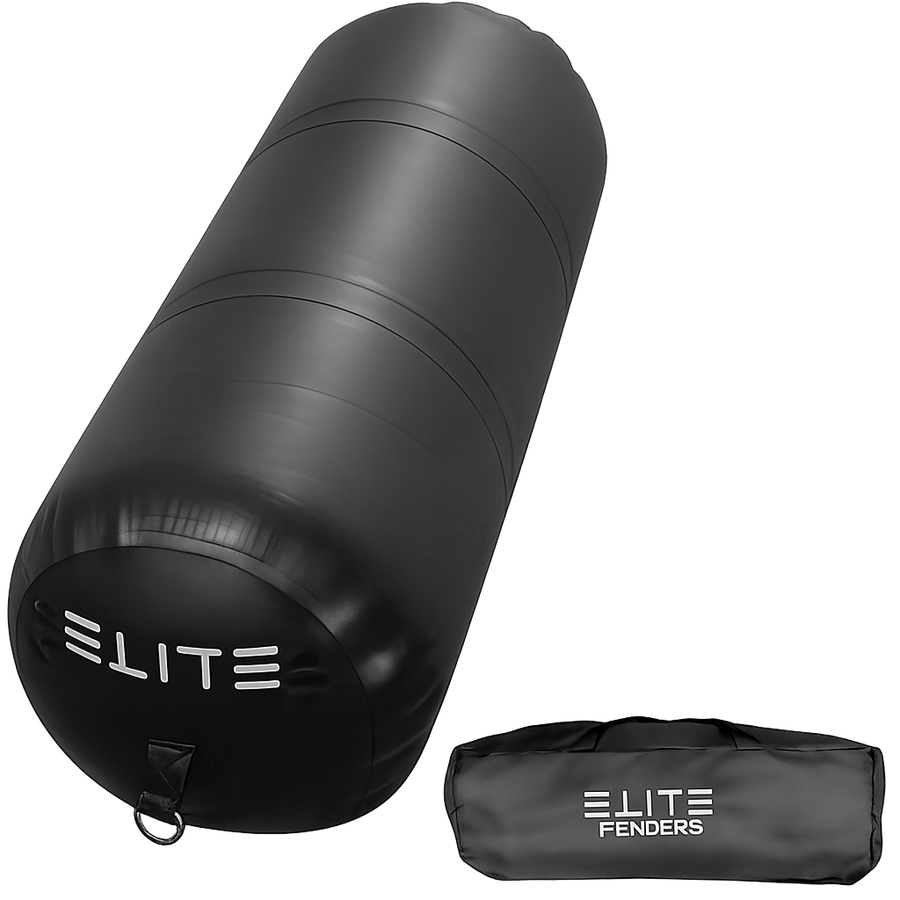 A black cylindrical inflatable boat fender with the brand name 'ELITE' written on it, alongside a storage bag.